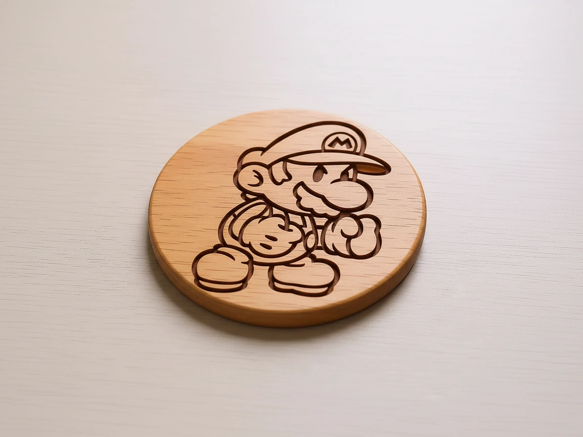 Baby Mario character with fists raised engraved on coaster