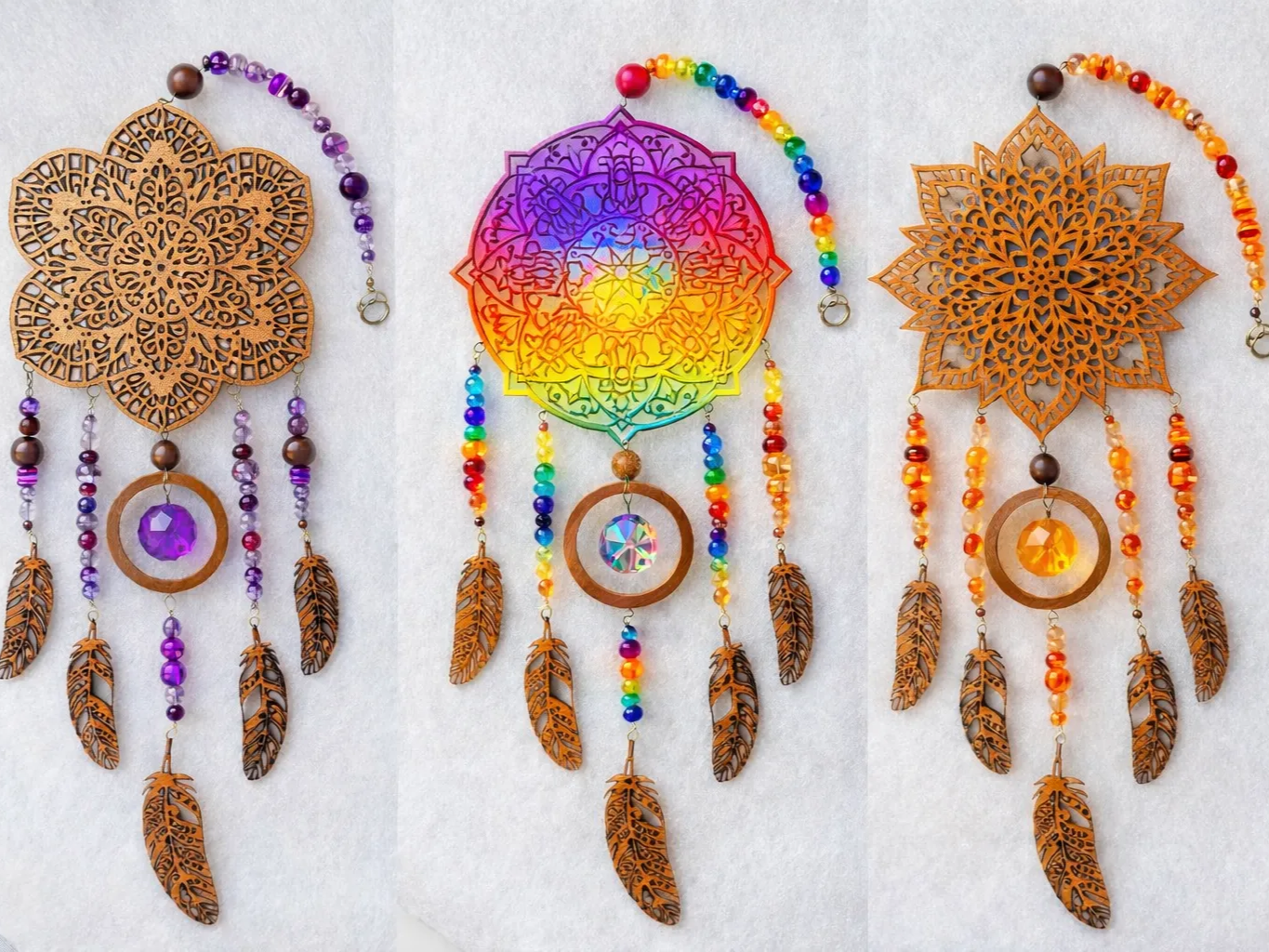 3x Laser Cut Wooden Mandala suncatcher Dreamcatcher with feathers and ...