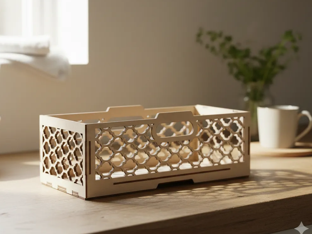 Wooden storage box with geometric lattice lid
