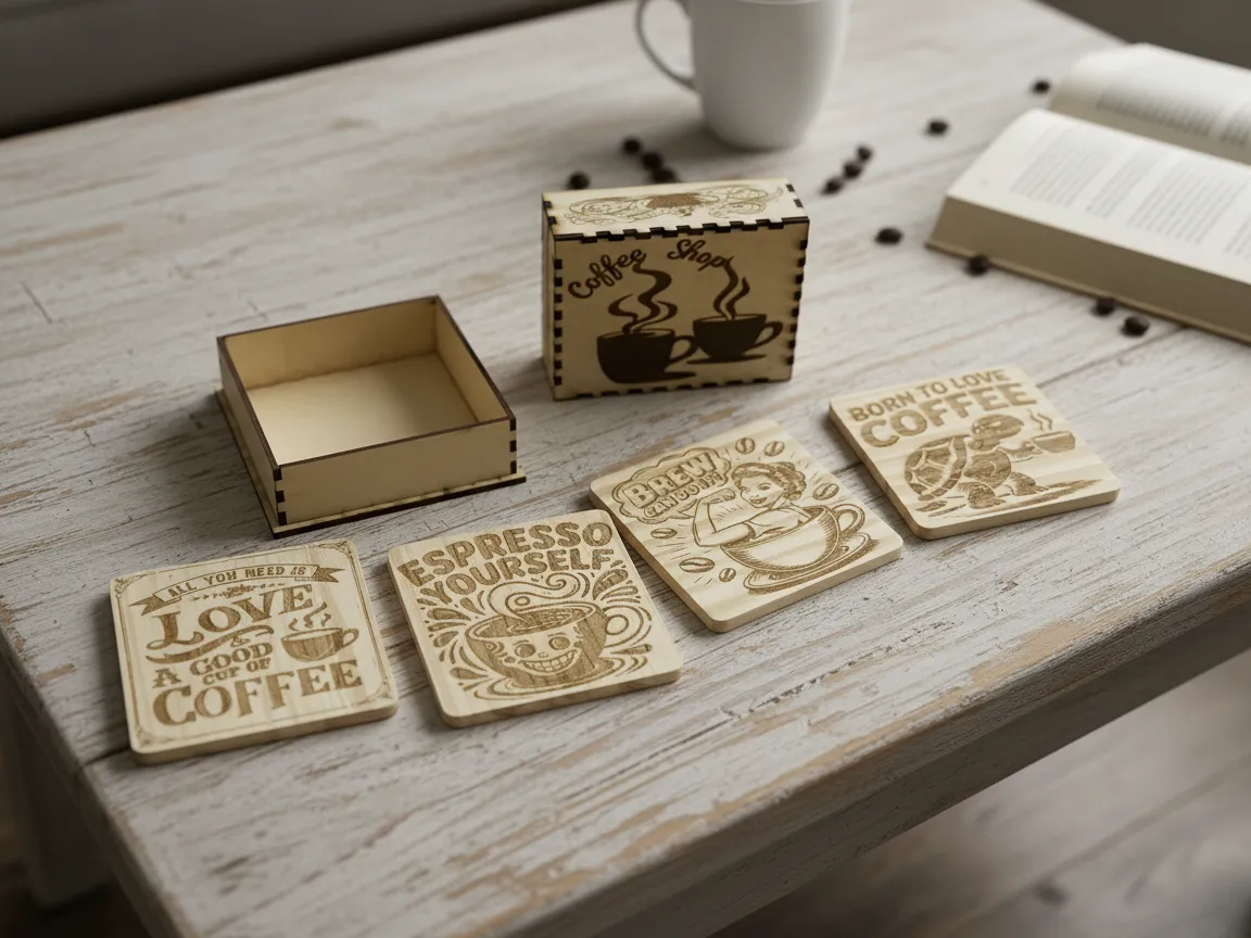 Wooden Coffee Coasters with Storage Box gift design
