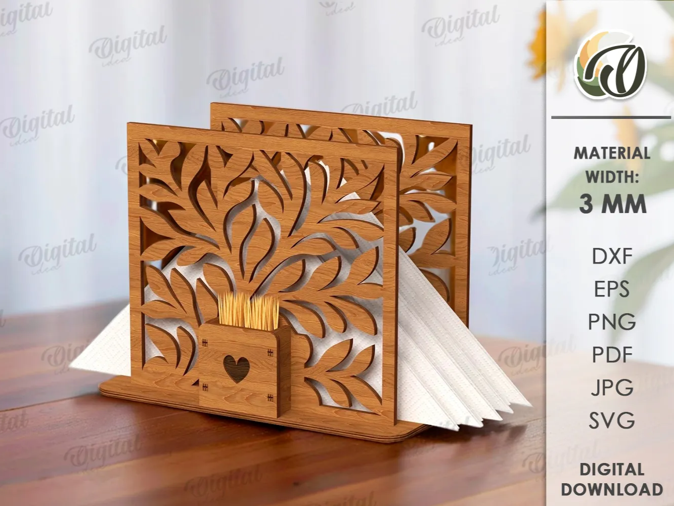 3D Napkin holder with toothpick holder. Napkin holder laser cut. Wooden kitchen decor svg. Table decor. Floral laser-cut napkin ring design