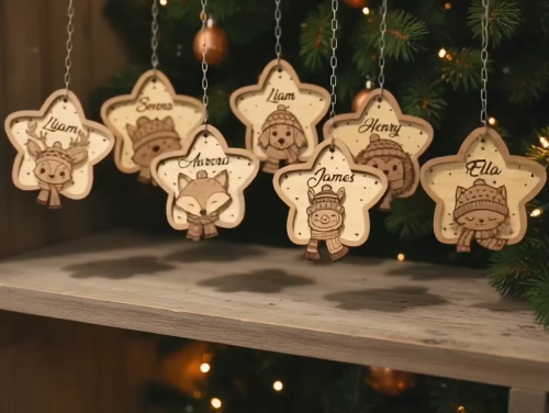 [Laser cut and engrave] Personalized Wooden Christmas Star Ornaments with Animal Faces