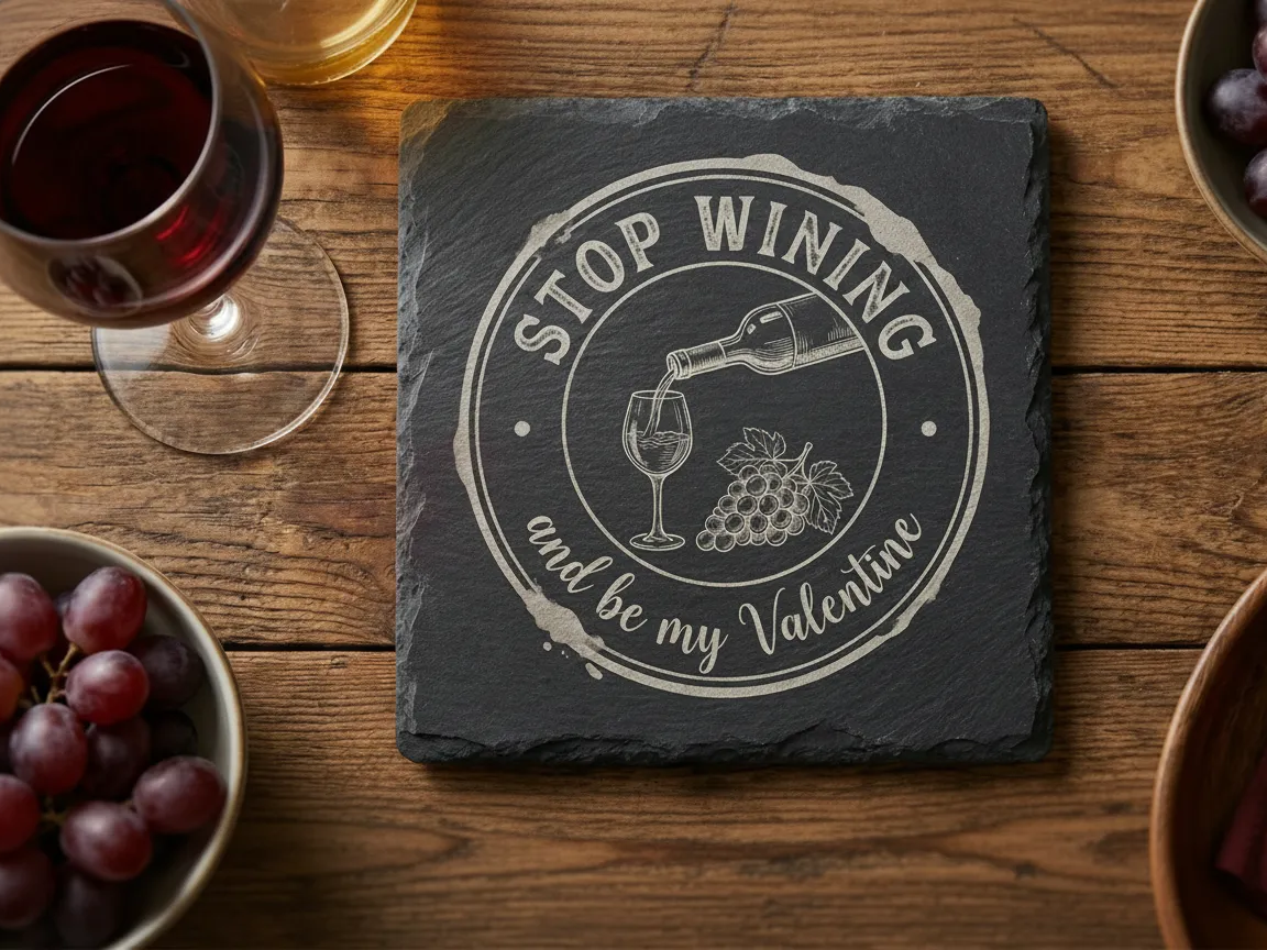 Dessous-de-verre rond en ardoise gravé d'un jeu de mots sur le vin sur le thème de la Saint-Valentin