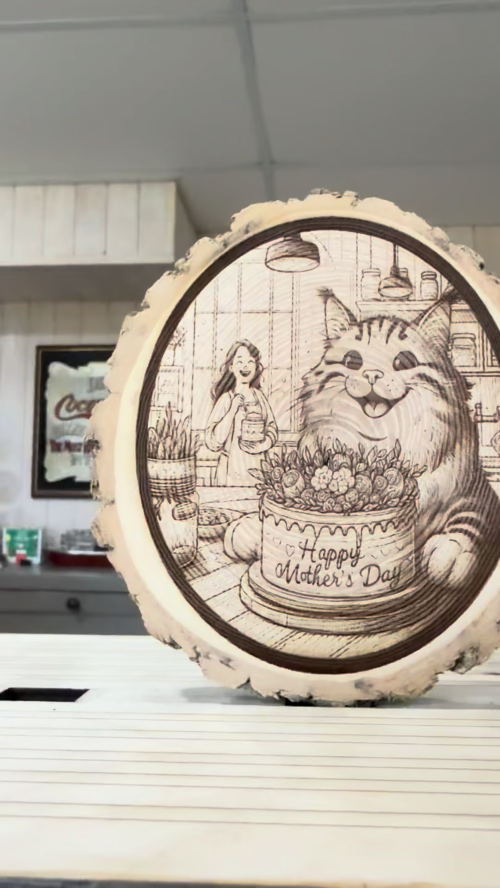 [Laser cut and engrave] Maine Coon Happy Mother's Day Cat with cake Wood Slice Engraving