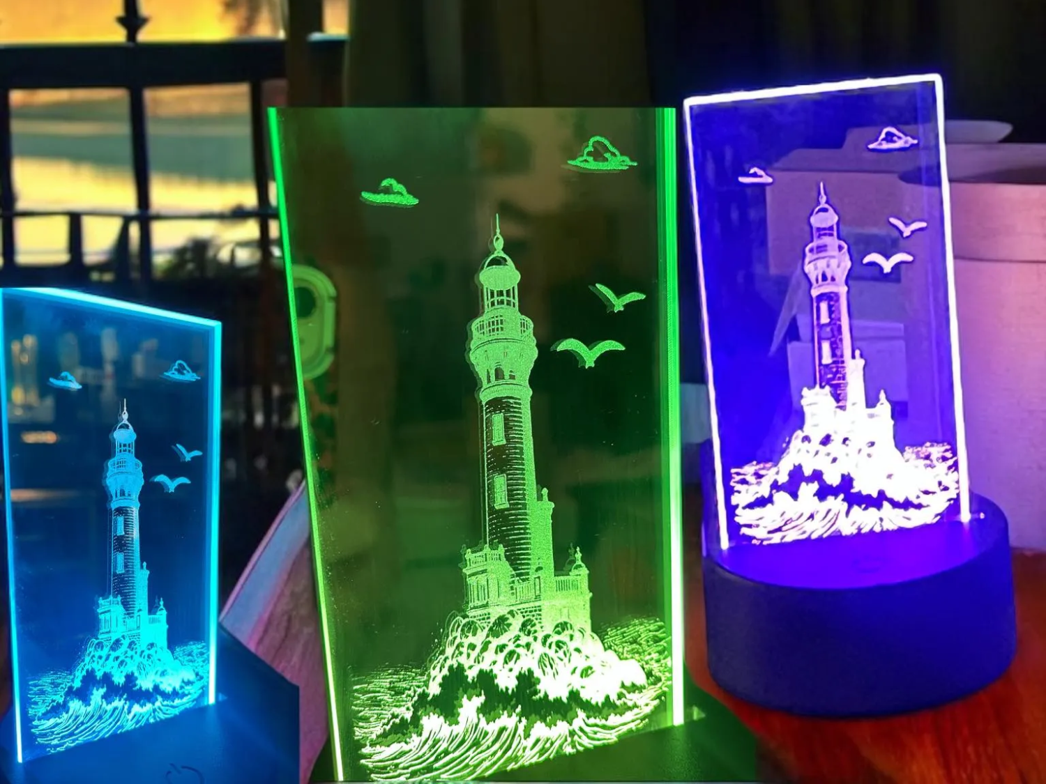 Layered mirror night lights casting a soft glow