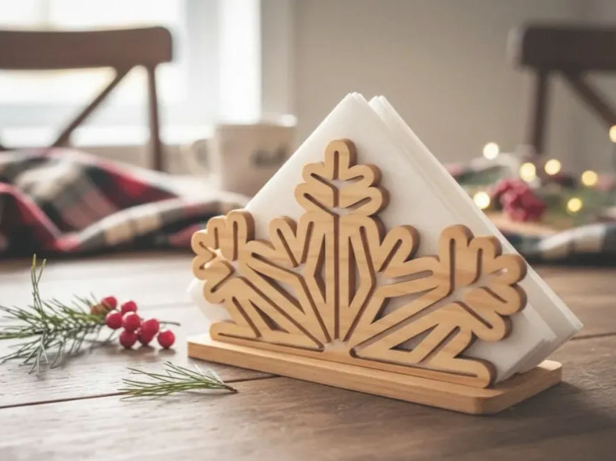 Laser Cut Wooden Winter Snowflake Napkin Holder for Table Decoration SVG