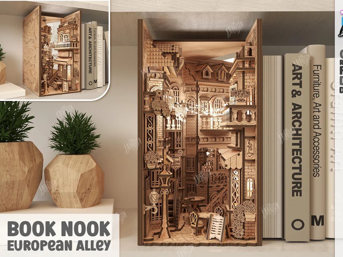 European alley 3D layered bookshelf insert book nook diorama in laser-cut plywood