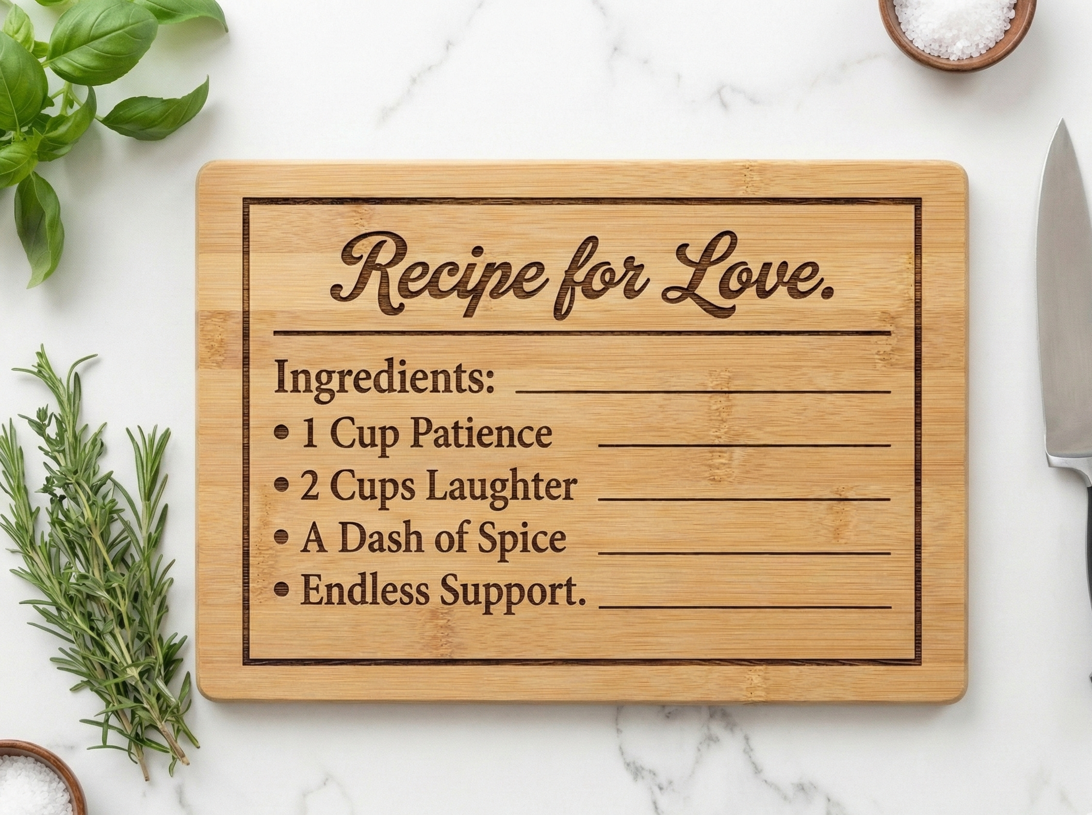 Bamboo Cutting Board with ‘Recipe for Love’ birthday gift for mom idea