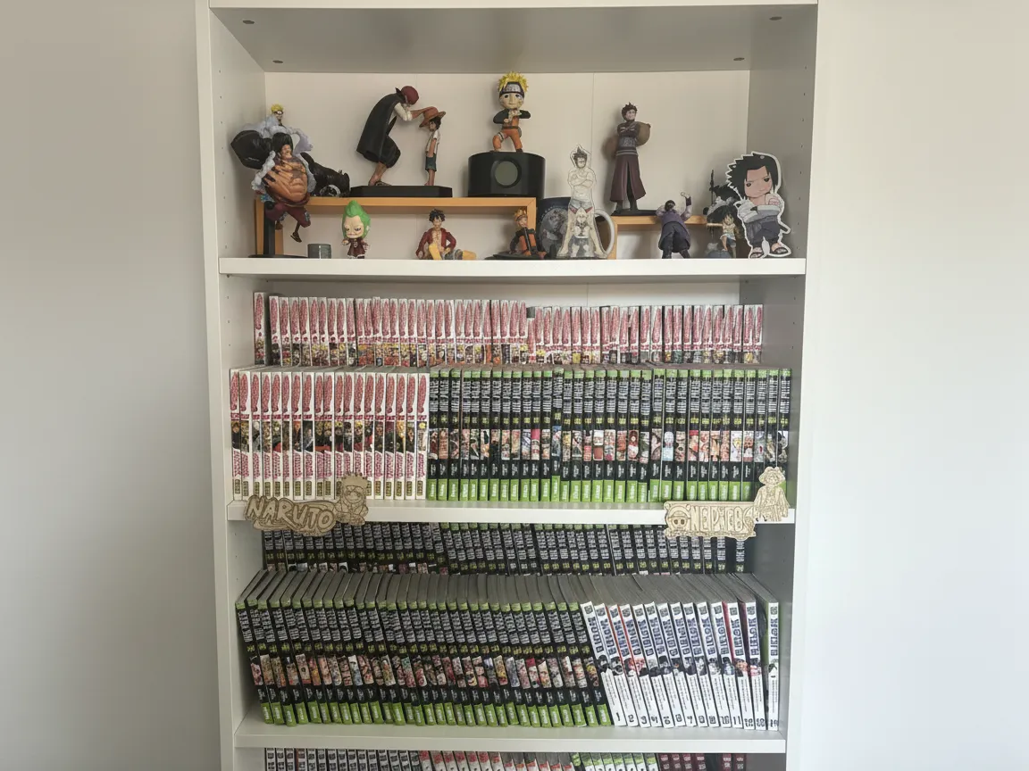 Wood laser cut shelf signs for Naruto and One Piece manga collection display gift idea