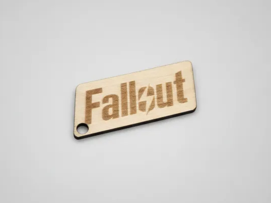 Laser Cut Wooden Keychain with Fallout Logo custom logo keychain idea
