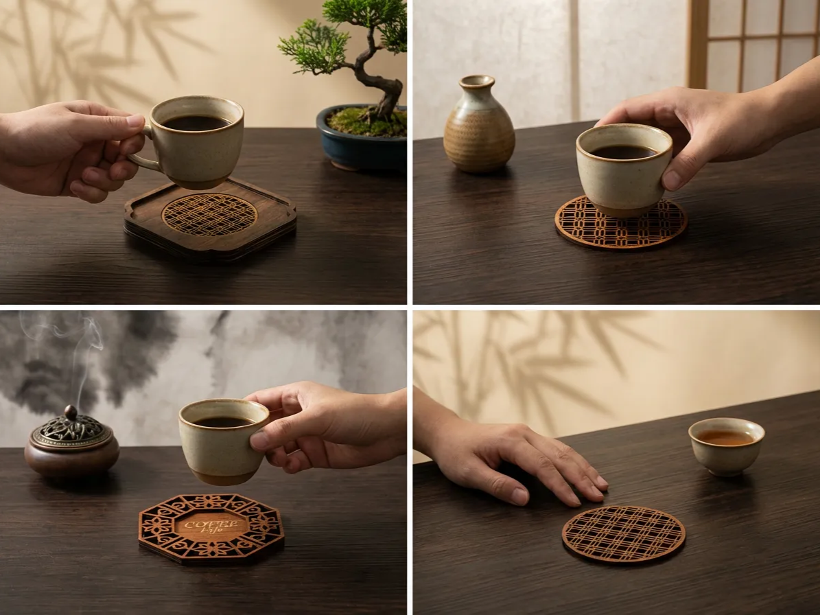 Coffee coaster engraved with traditional Chinese pattern motifs