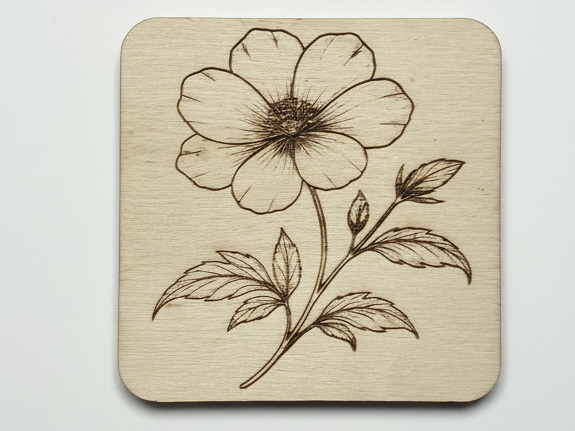 Wooden coaster with a delicate engraved flower design