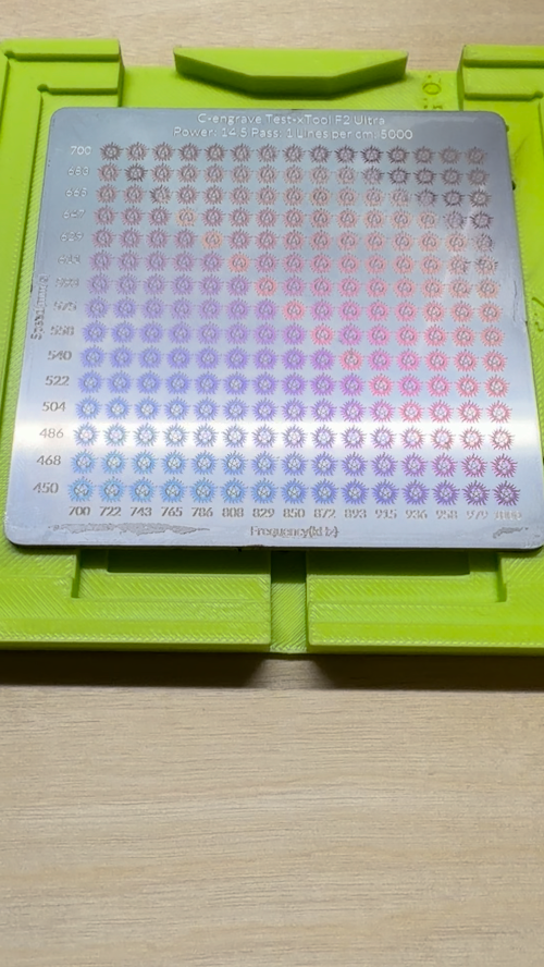 [Laser cut and engrave] Laser Engraved Metal Test Plate with Power and Frequency Settings