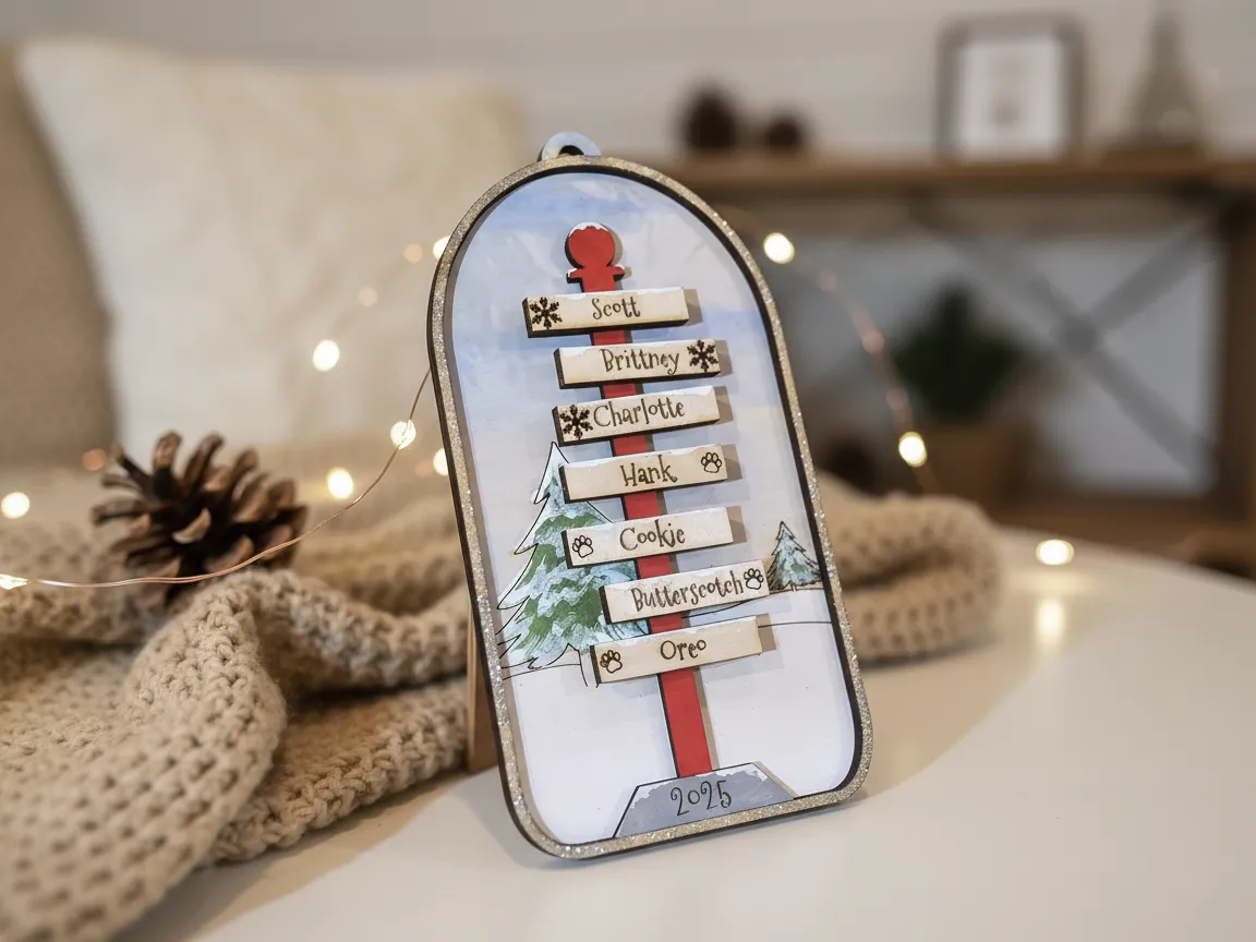 Laser Cut Personalized Christmas Ornament North Pole with Family Names 2025 – personalizirana zasnova božičnega okraska