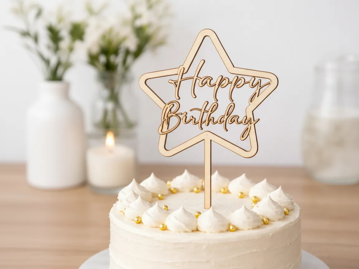 Cake topper Happy Birthday in legno tagliato al laser a forma di stella