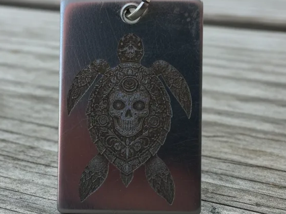 Laser Engraved Metal Turtle Sugar Skull Keychain Pendant sugar skull dia de los muertos design