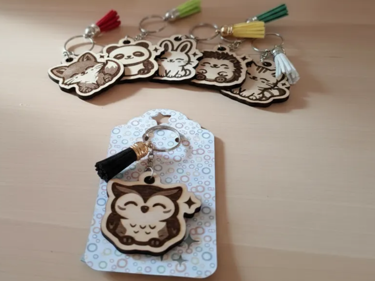Kawaii wooden owl charm with big round eyes