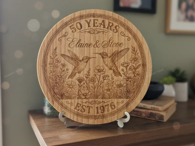 벌새 모티프의 개인 맞춤 50주년 원목 명패 기념일 선물 디자인