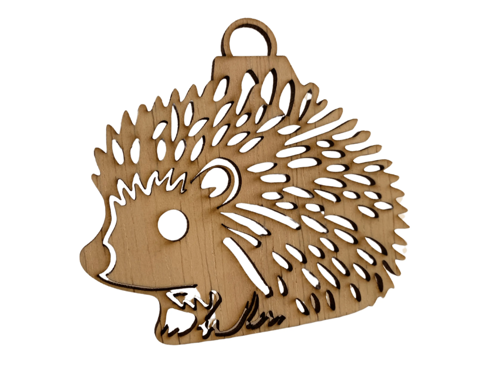Cute wooden hedgehog ornament with a friendly smiling face