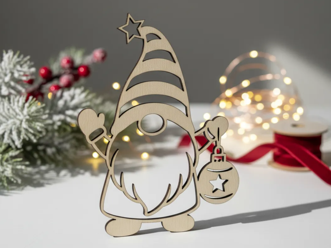 Christmas gnome ornament wearing a star hat and holding a bauble