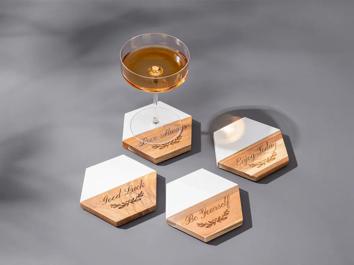 Hexagon coaster combining white marble and wood