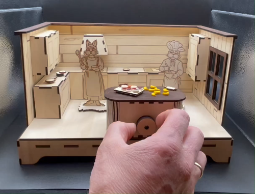 [Laser cut and engrave] Miniatur Puppen-Küche mit Hasenfiguren als Bäcker mit Beleuchtung und Rotation