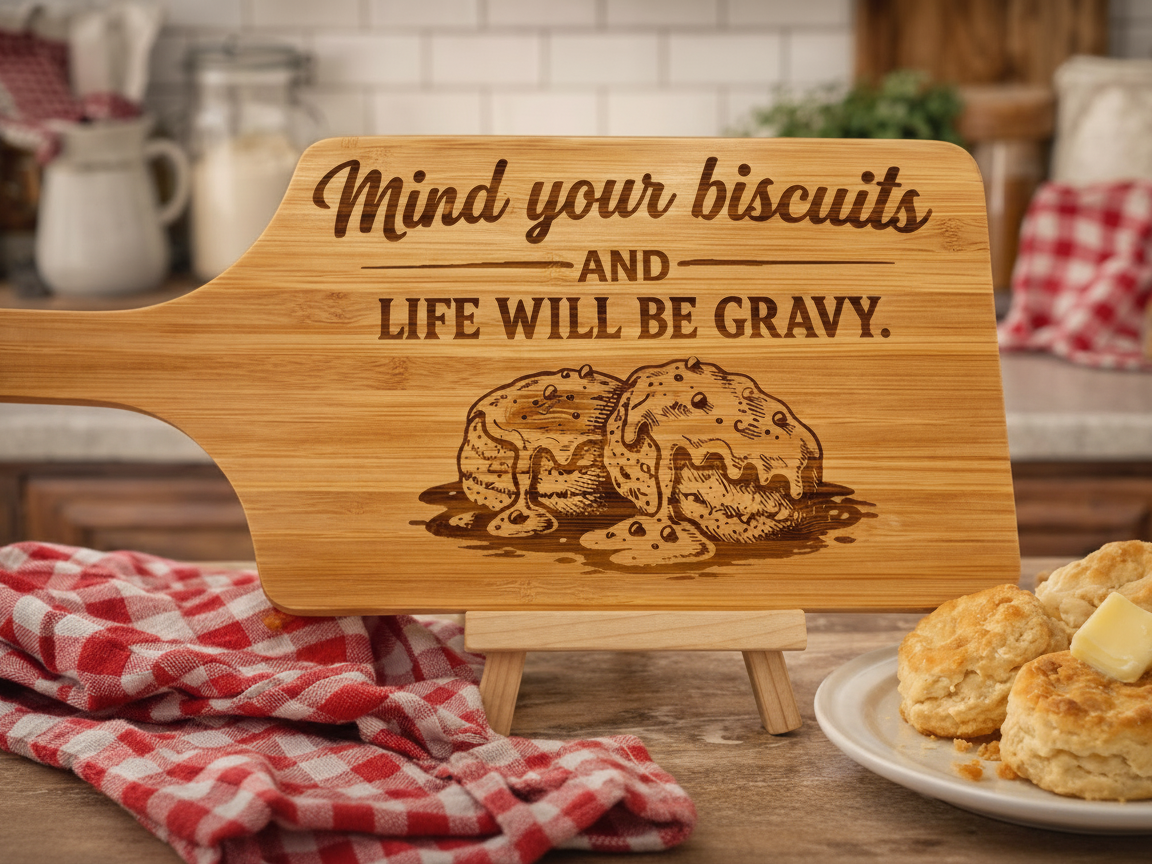 カッティングボード - ユーモアキッチンサイン「Mind Your Biscuits」のレーザーカットキッチンサインアイデア