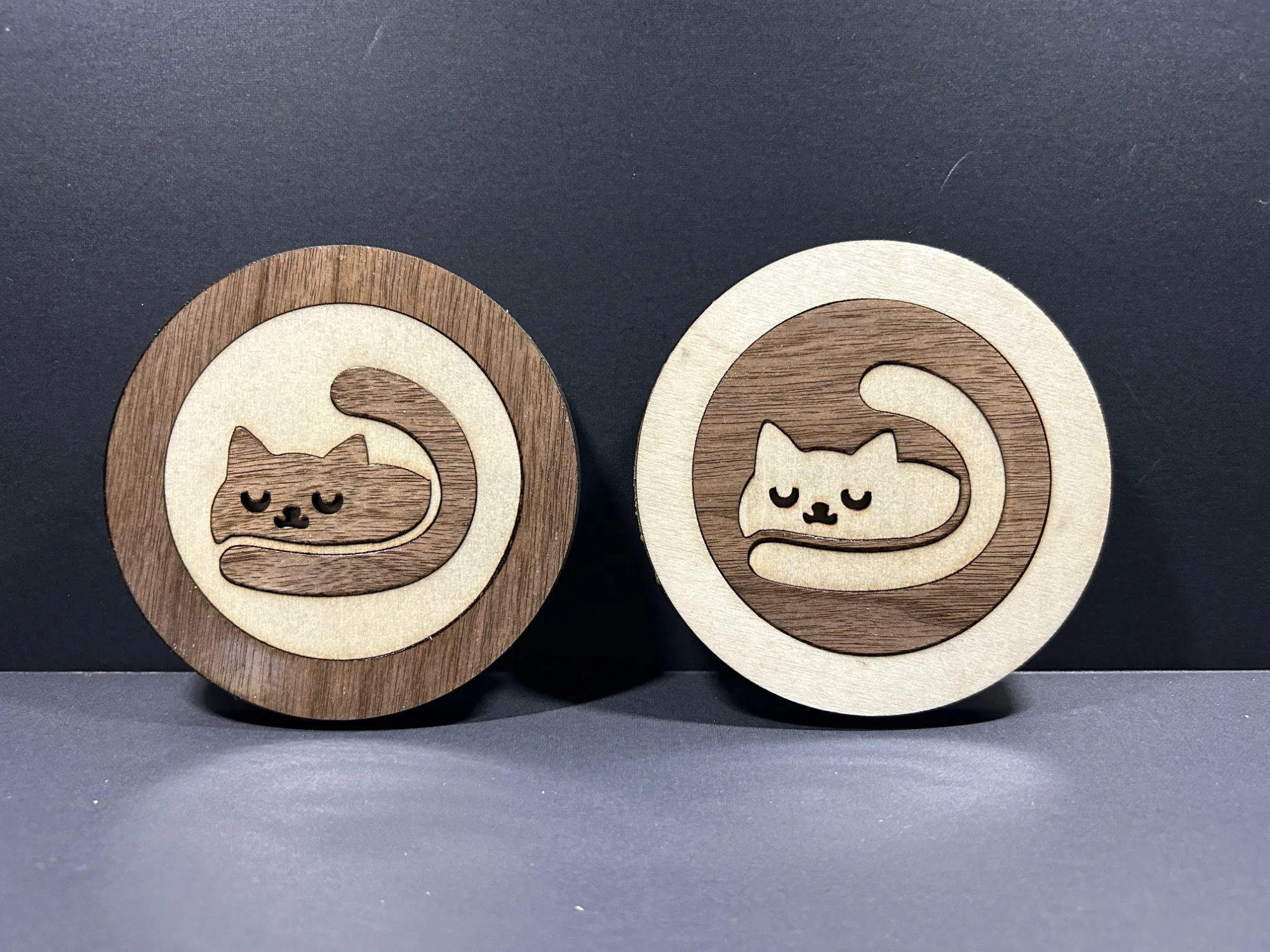 Wooden Cat Coasters with Sleeping Cat Design