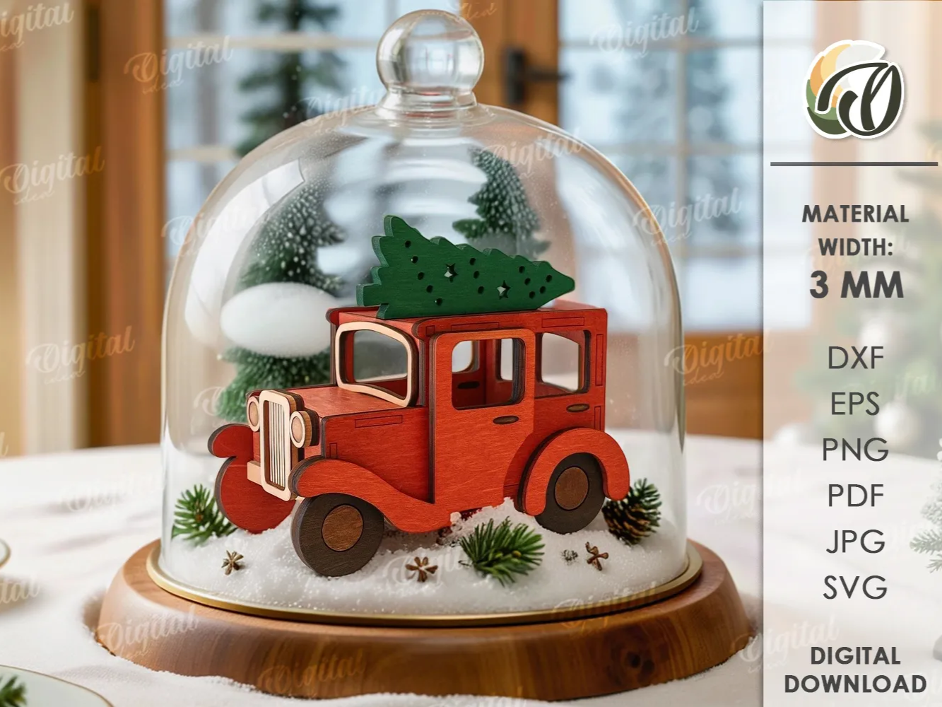 3D wooden vintage car Christmas decoration with tree on the roof