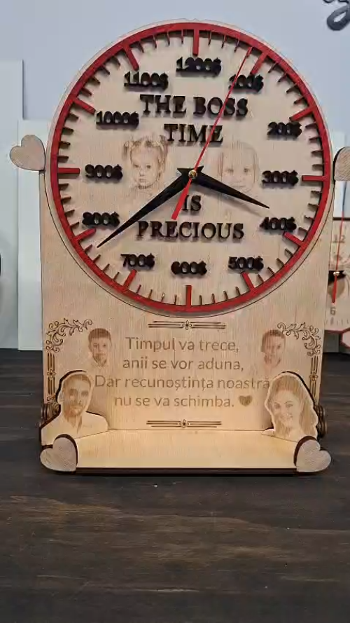 [Laser cut and engrave] Personalized Tabletop Clock with Photo Engraving and The Boss Time Quote