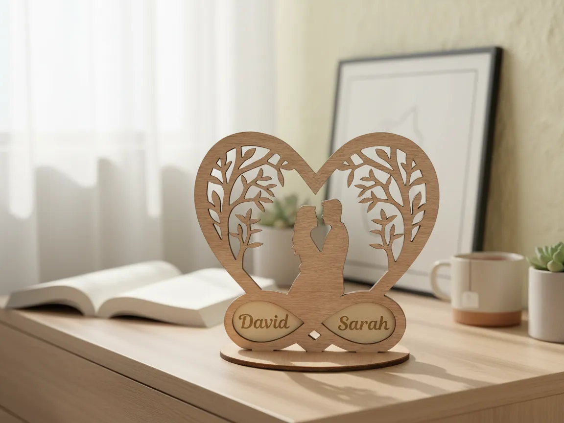 Wooden heart decoration engraved with a couple's names