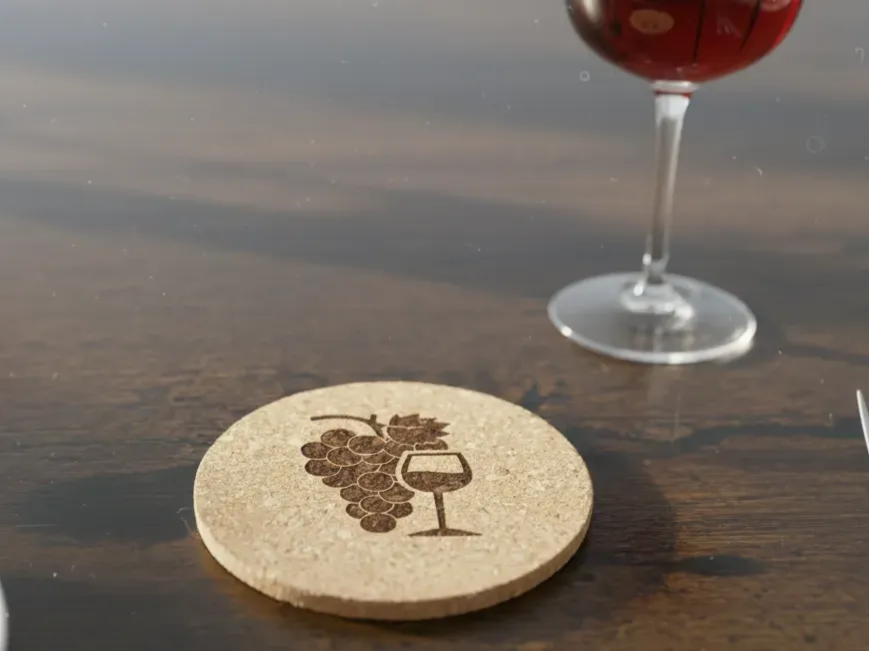 Dessous-de-verre rond en liège gravé d'un verre à vin entouré de grappes de raisin et de feuilles de vigne