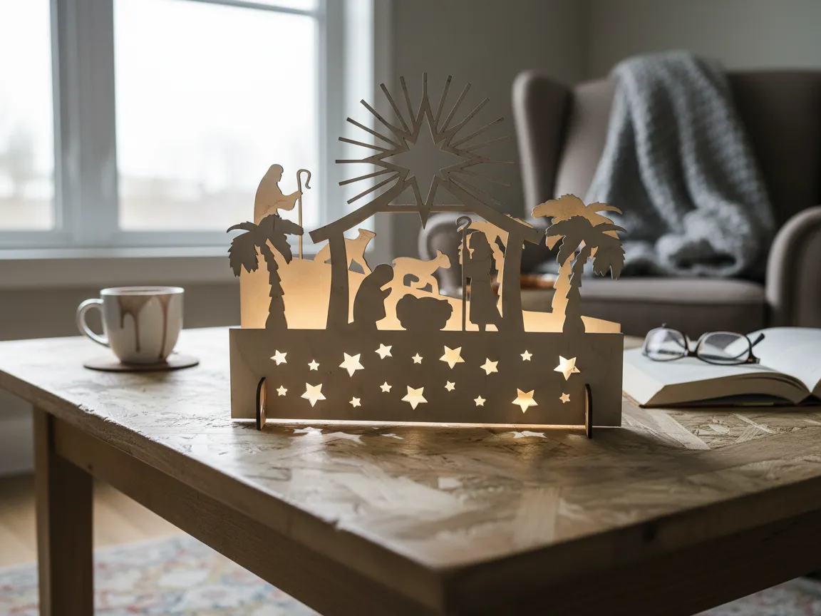 Laser cut wooden Nativity scene with star lights Christmas decoration