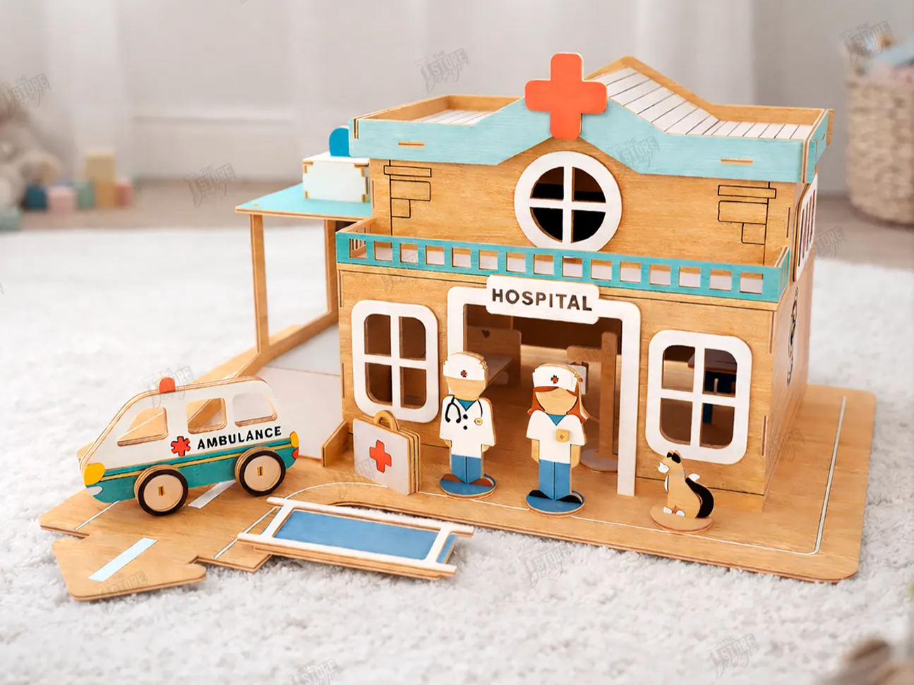 Wooden hospital playset with ambulance and doctor figures laser cut toy