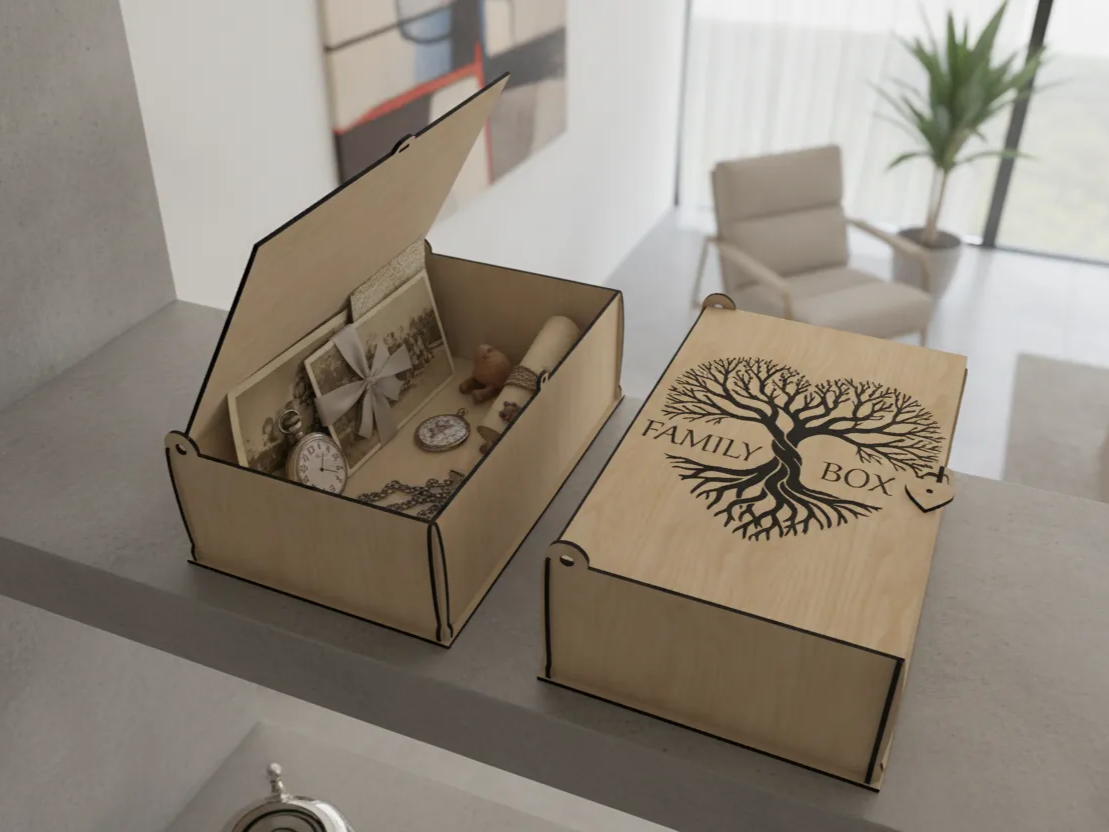 Wooden box for storing family heirlooms with engraving of the tree