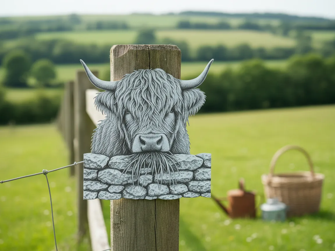 Pancarte de jardin vache Highland regardant par-dessus un mur en pierre - modèle de décoration de jardin