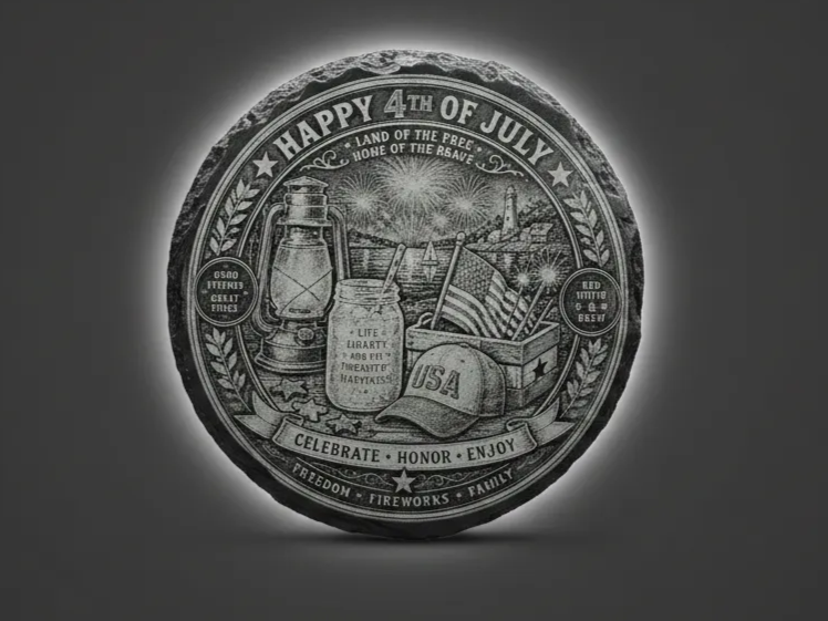 Happy 4th of July Round Slate Plaque with Patriotic American Imagery — free American flag wall art project file on Atomm