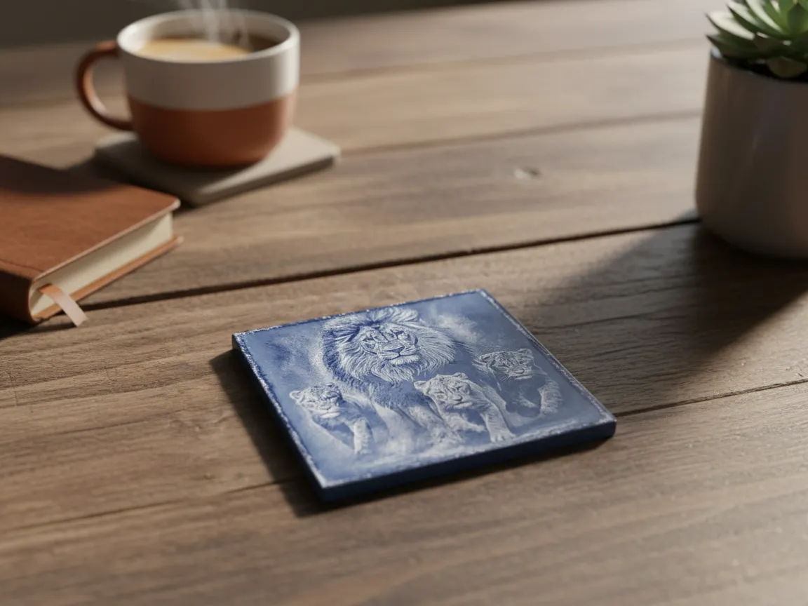 White coaster engraved with a lion family portrait