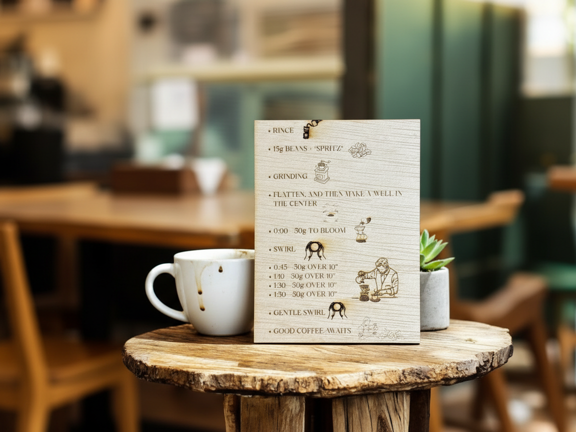 V60用レーザー彫刻ウッドコーヒー抽出手順サインのレーザーカットキッチンサインアイデア