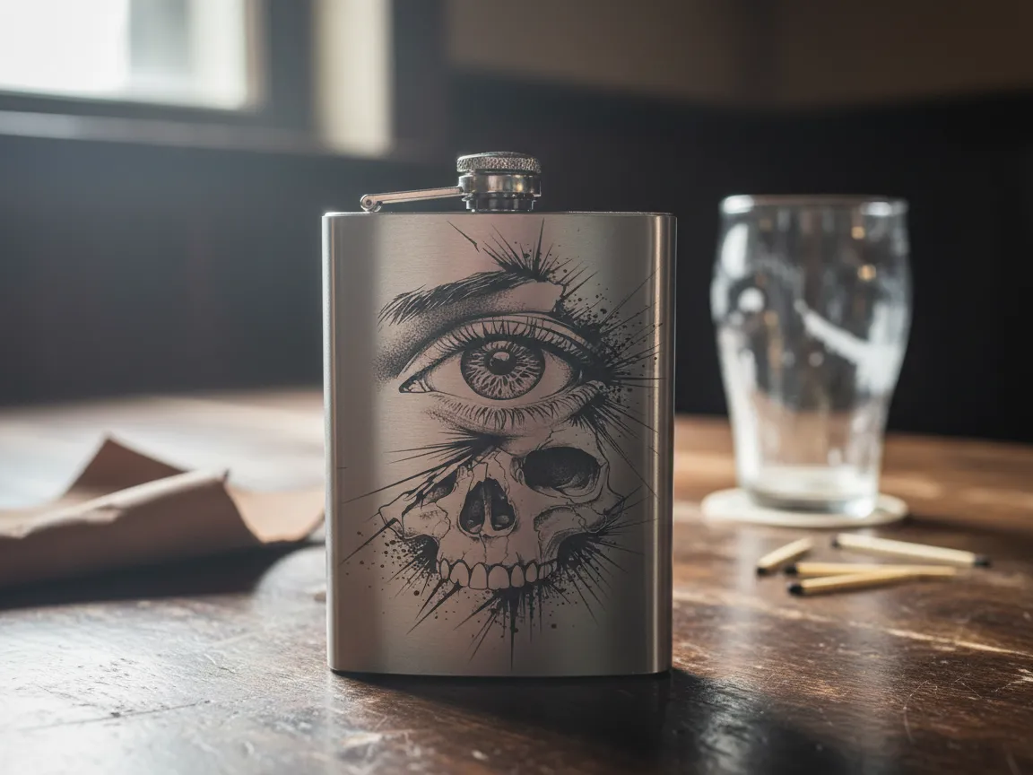 A stainless steel hip flask engraved with an eye and skull illustration