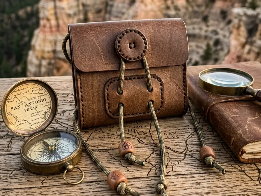 Brown Leather Adventure Pouch with Paracord Closure Remix