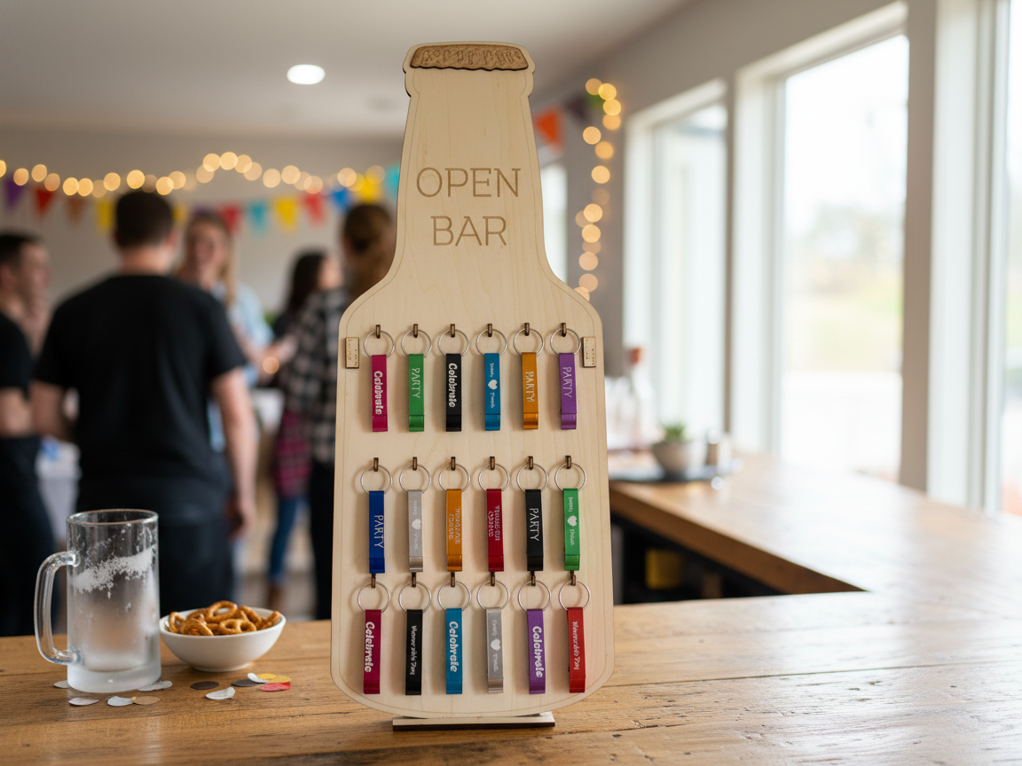 Open Bar Bottle Shaped Sign with Hanging Bottle Opener Keychains groomsmen gift idea