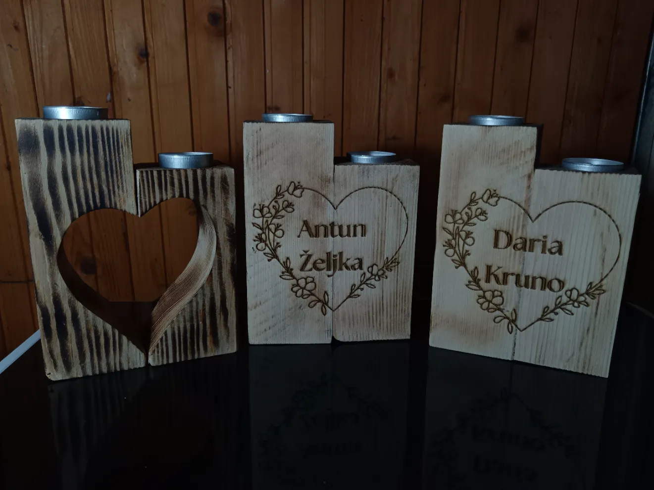 Wooden Candle Holders with Heart Design and Personalized Names gift design