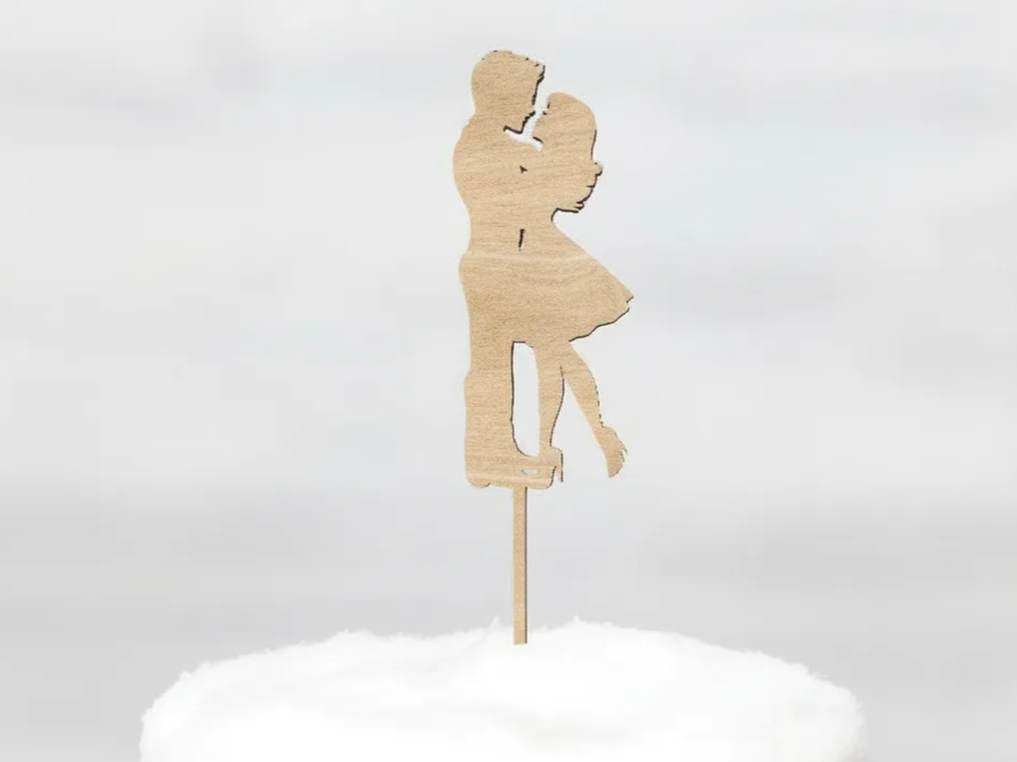 Wooden couple silhouette cake topper