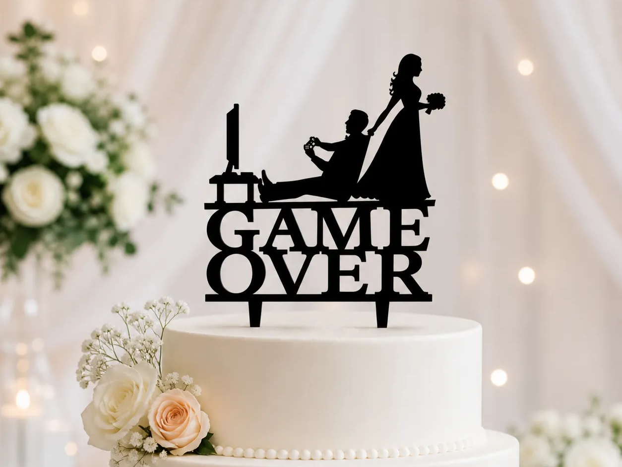 Topper na svatební dort „Game Over“ SVG | vtipný topper pro hráče | výzdoba dortu se ženichem a nevěstou SVG | soubor pro řezání laserem, svatební design pro řezání laserem