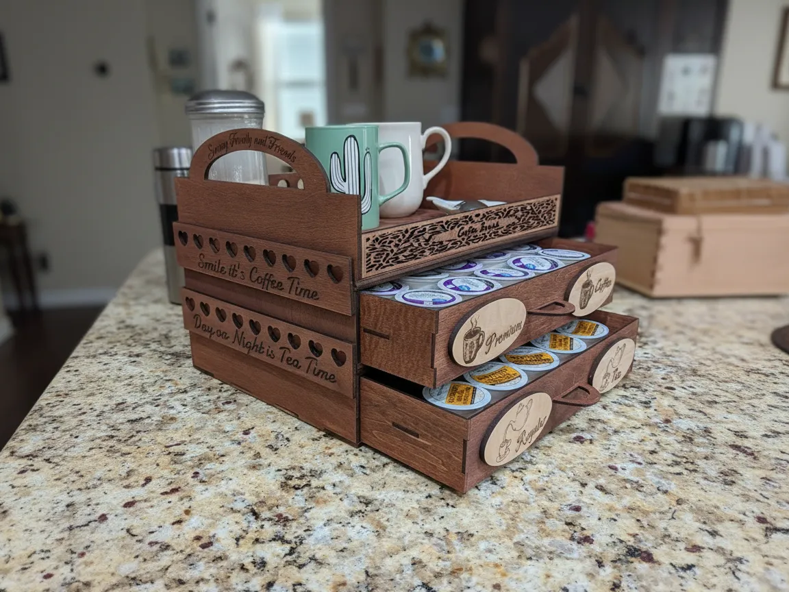 Stackable engraved coffee organizer boxes with tray