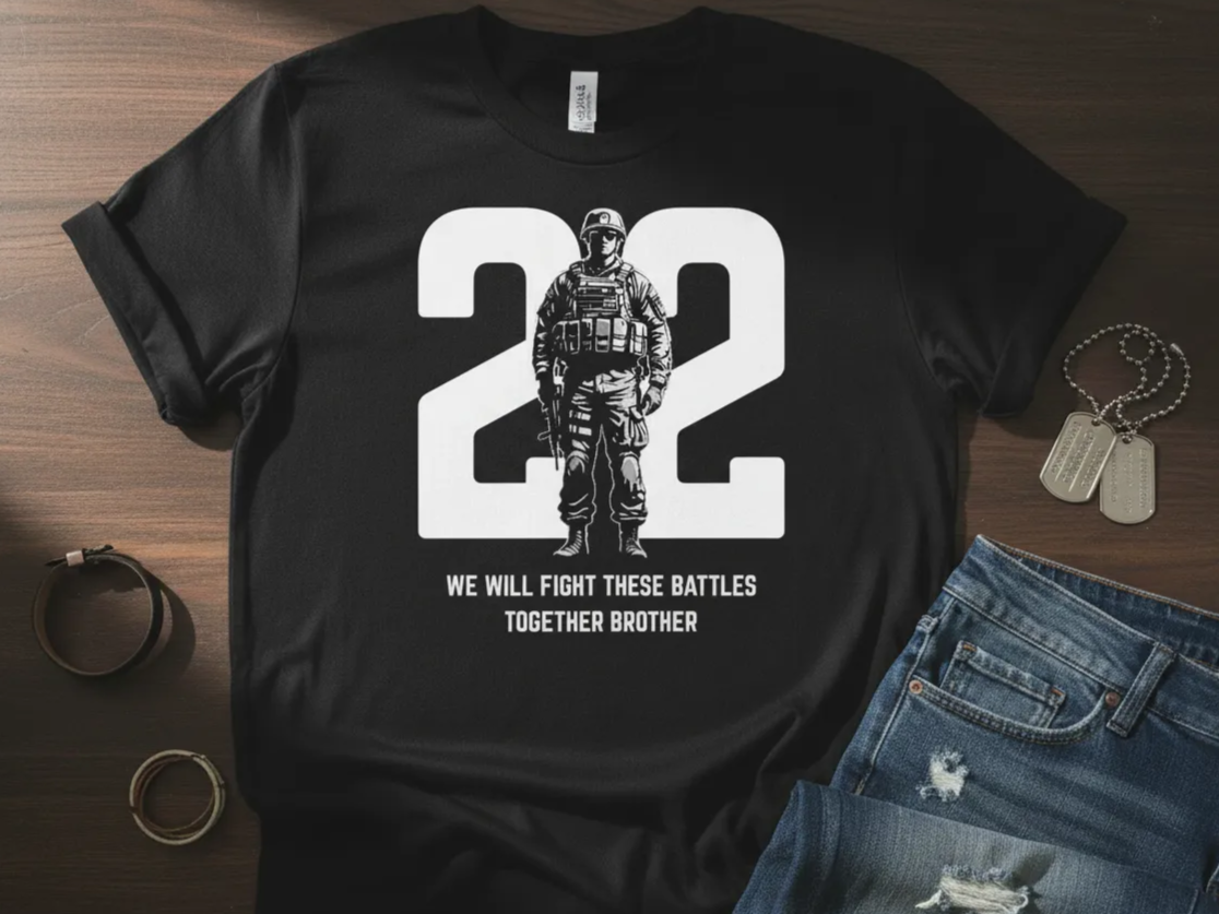 Black T-Shirt with Soldier Graphic and "We Will Fight These Battles" Text gift for him design