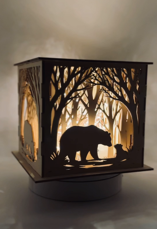 [Laser cut and engrave] 3D Multi Layer Laser Cut Wooden Light Box with Bear and Cubs in a Forest Design 3MM Lantern