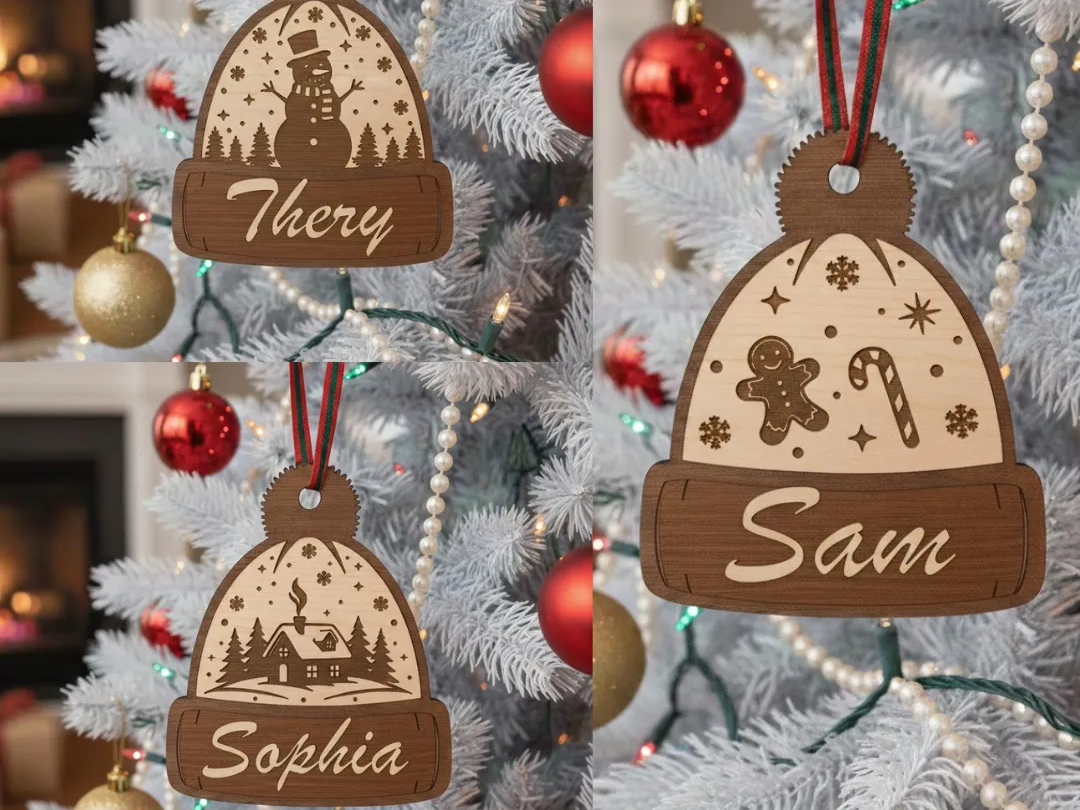 Personalized wooden Christmas tree ornaments engraved with family names