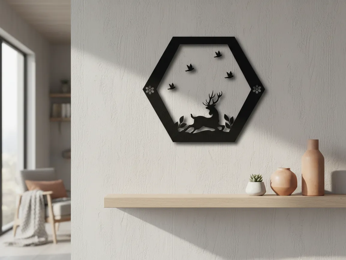 Laser Cut Hexagonal Wall Art with Deer and Birds Silhouette exterior metal wall art idea